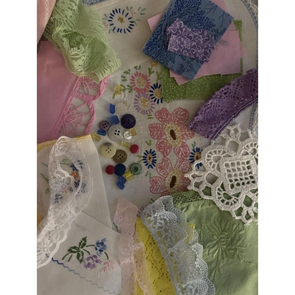 Hand Slow Stitch 35+ Pretty Pastels Fabric Lace Button Beads Junk Journal Kit